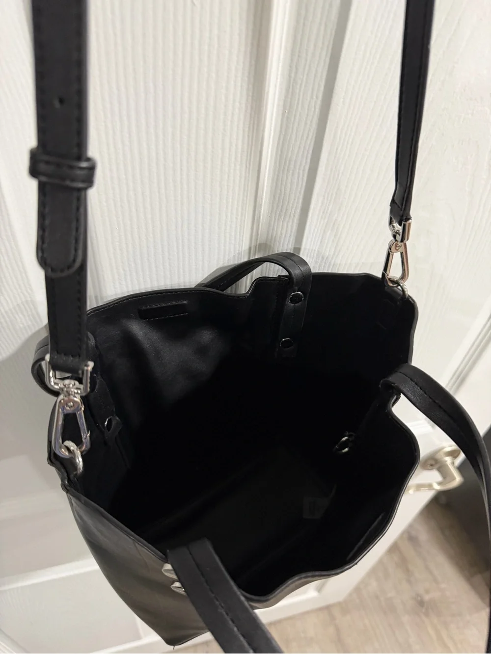 Calvin Klein Black Leather Shoulder Bucket Bag with Silver Hardware